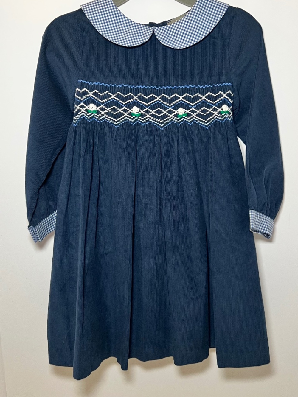 Classic Smocked Navy Corduroy Dress VTG Peter Pan Collar 2T Gingham Accents Sash
